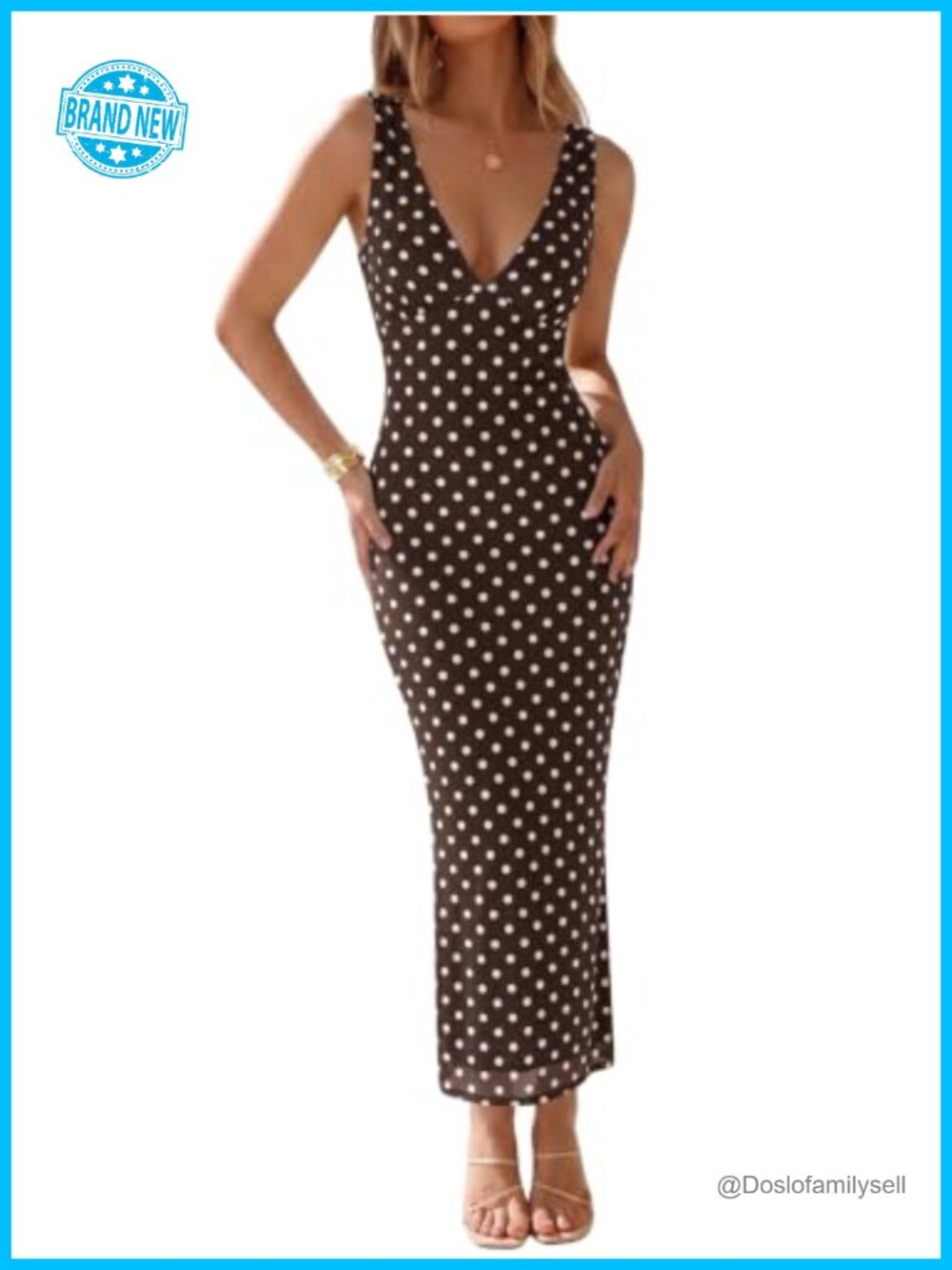 Sexy V Neck Polka Dot Mesh Backless Bodycon Maxi Dress